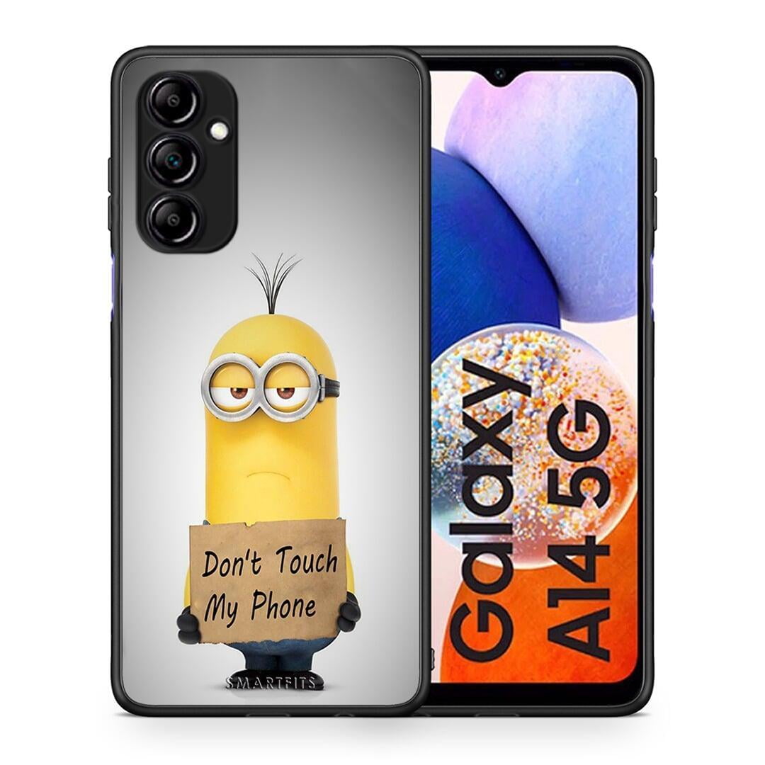 Θήκη Samsung Galaxy A14 / A14 5G Text Minion από τη Smartfits με σχέδιο στο πίσω μέρος και μαύρο περίβλημα | Samsung Galaxy A14 / A14 5G Text Minion Case with Colorful Back and Black Bezels