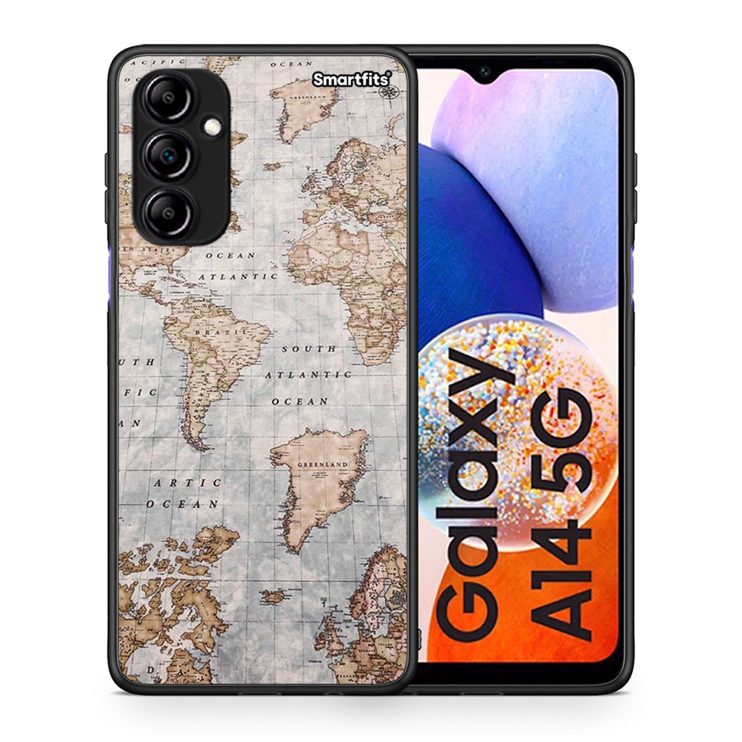 Θήκη Samsung Galaxy A14 / A14 5G World Map από τη Smartfits με σχέδιο στο πίσω μέρος και μαύρο περίβλημα | Samsung Galaxy A14 / A14 5G World Map Case with Colorful Back and Black Bezels
