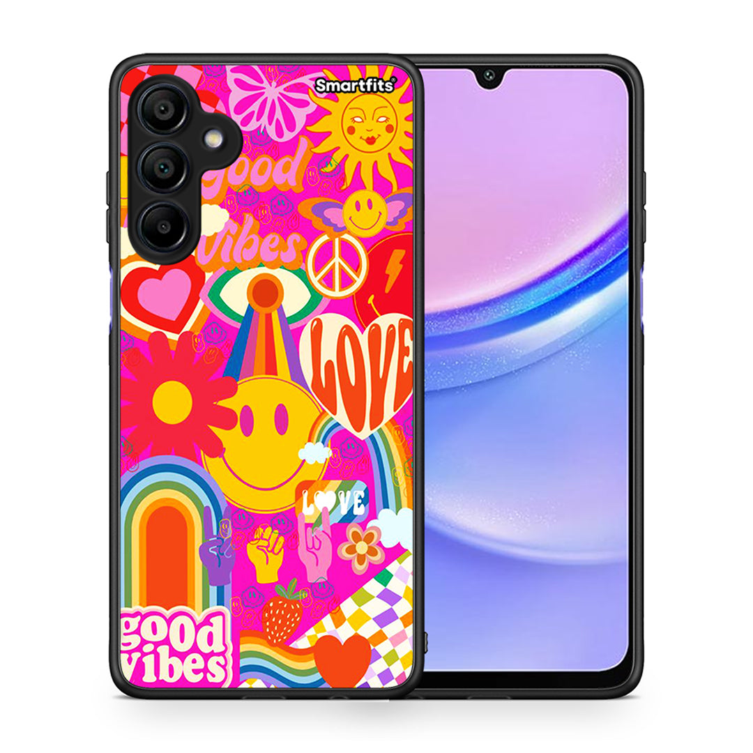 Θήκη Samsung Galaxy A15 4G Hippie Love από τη Smartfits με σχέδιο στο πίσω μέρος και μαύρο περίβλημα | Samsung Galaxy A15 4G Hippie Love case with colorful back and black bezels