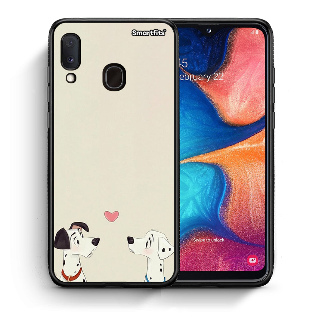 Θήκη Samsung Galaxy A30 Dalmatians Love από τη Smartfits με σχέδιο στο πίσω μέρος και μαύρο περίβλημα | Samsung Galaxy A30 Dalmatians Love case with colorful back and black bezels