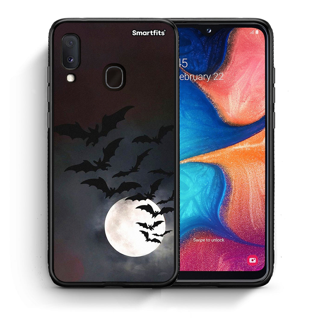 Θήκη Samsung A20e Halloween Bat Night από τη Smartfits με σχέδιο στο πίσω μέρος και μαύρο περίβλημα | Samsung A20e Halloween Bat Night case with colorful back and black bezels