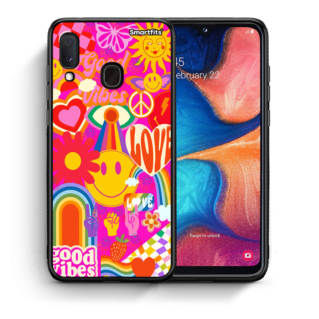 Θήκη Samsung Galaxy A30 Hippie Love από τη Smartfits με σχέδιο στο πίσω μέρος και μαύρο περίβλημα | Samsung Galaxy A30 Hippie Love case with colorful back and black bezels