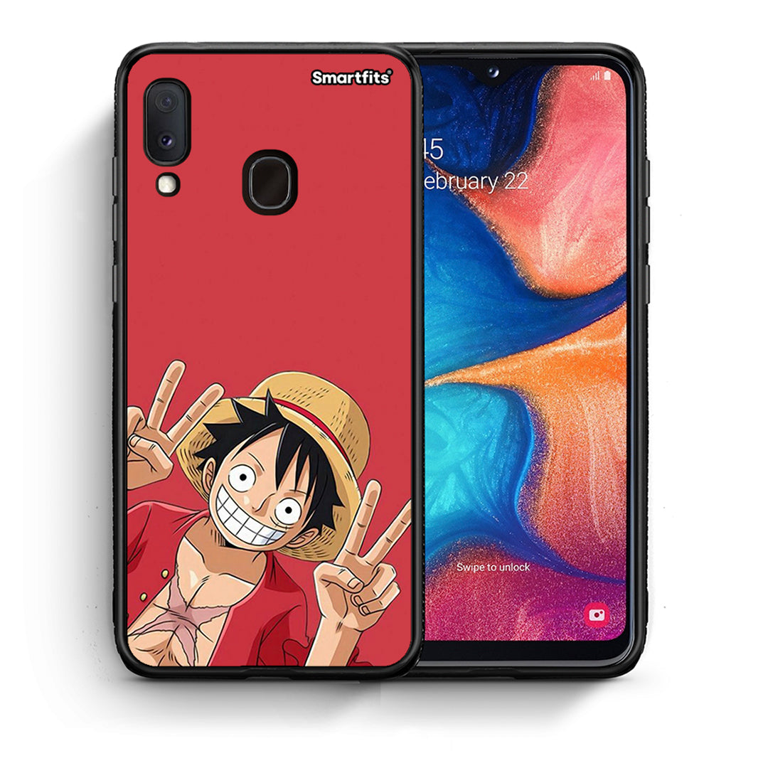 Θήκη Samsung A20e Pirate Luffy από τη Smartfits με σχέδιο στο πίσω μέρος και μαύρο περίβλημα | Samsung A20e Pirate Luffy case with colorful back and black bezels