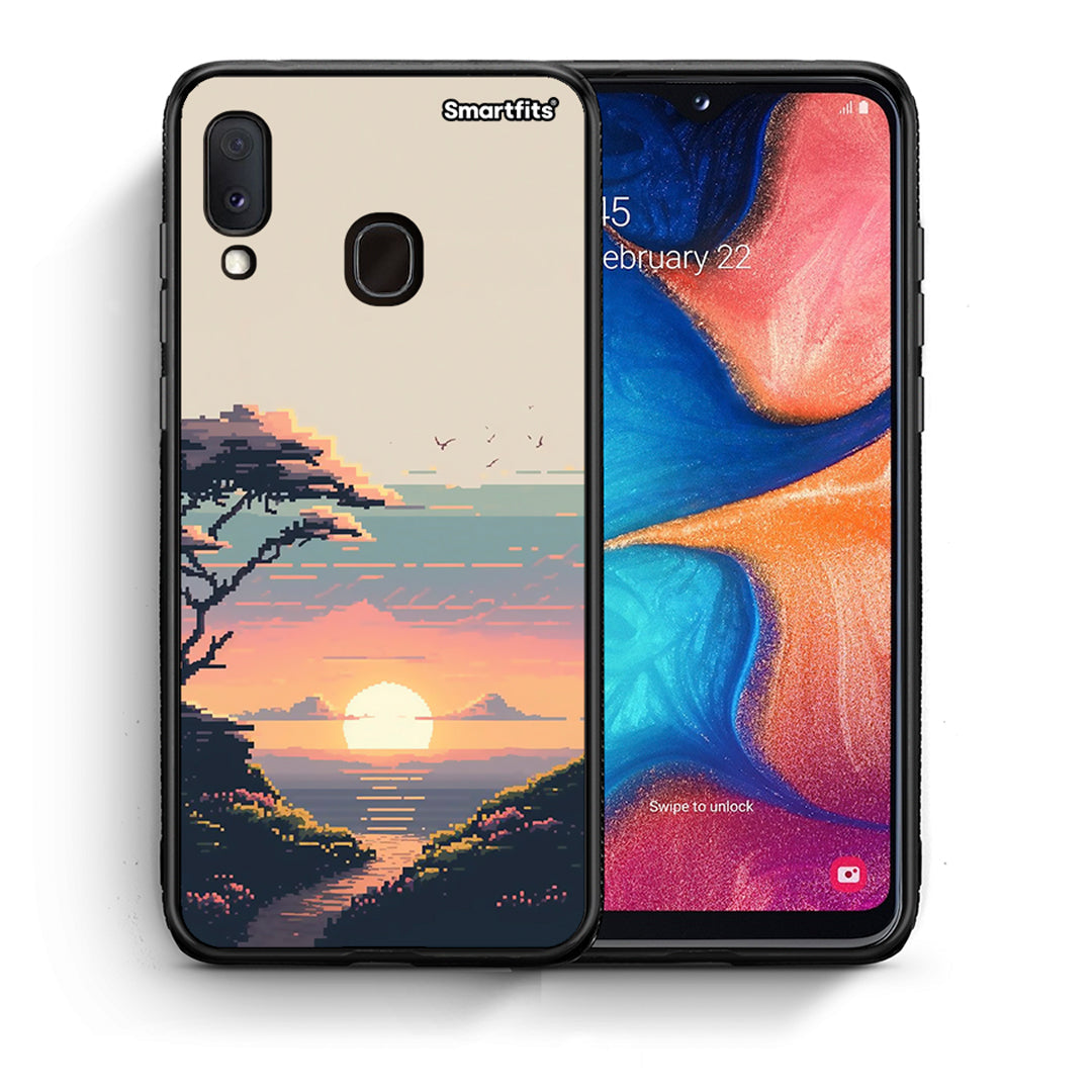 Θήκη Samsung Galaxy A30 Pixel Sunset από τη Smartfits με σχέδιο στο πίσω μέρος και μαύρο περίβλημα | Samsung Galaxy A30 Pixel Sunset case with colorful back and black bezels