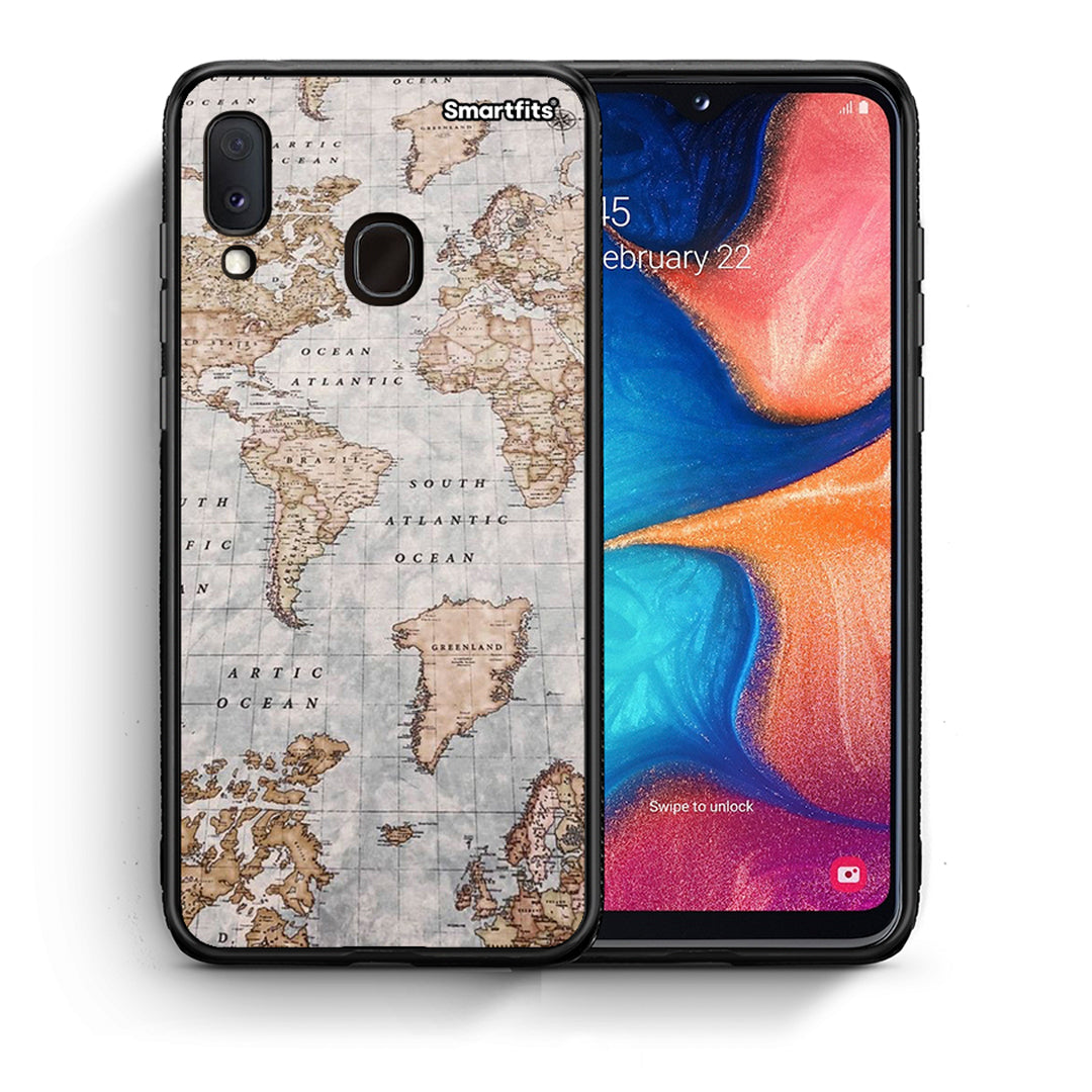 Θήκη Samsung A20e World Map από τη Smartfits με σχέδιο στο πίσω μέρος και μαύρο περίβλημα | Samsung A20e World Map case with colorful back and black bezels