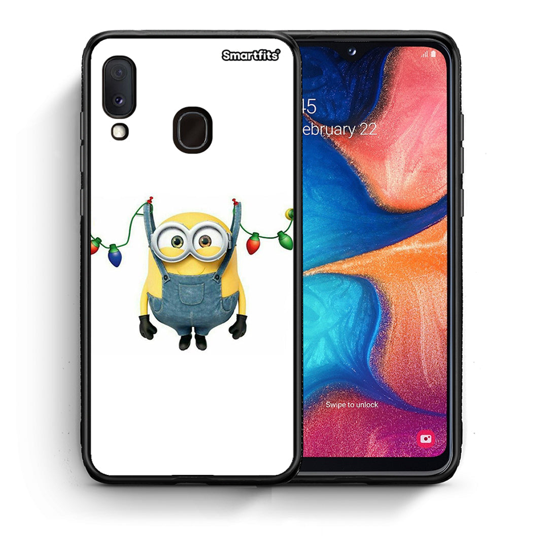 Θήκη Samsung Galaxy A30 Xmas Minion Lights από τη Smartfits με σχέδιο στο πίσω μέρος και μαύρο περίβλημα | Samsung Galaxy A30 Xmas Minion Lights case with colorful back and black bezels