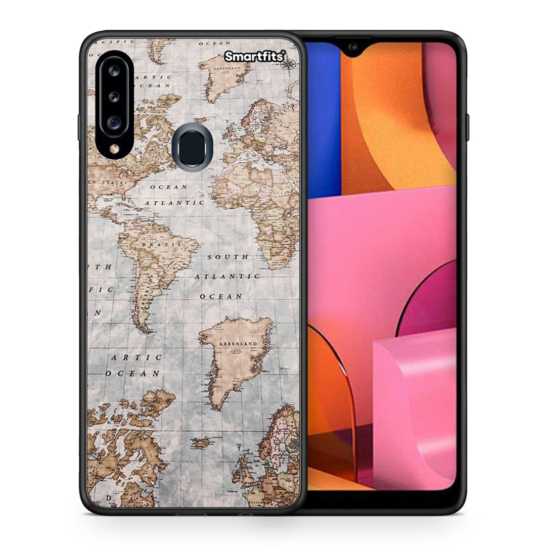 Θήκη Samsung Galaxy A20s World Map από τη Smartfits με σχέδιο στο πίσω μέρος και μαύρο περίβλημα | Samsung Galaxy A20s World Map case with colorful back and black bezels