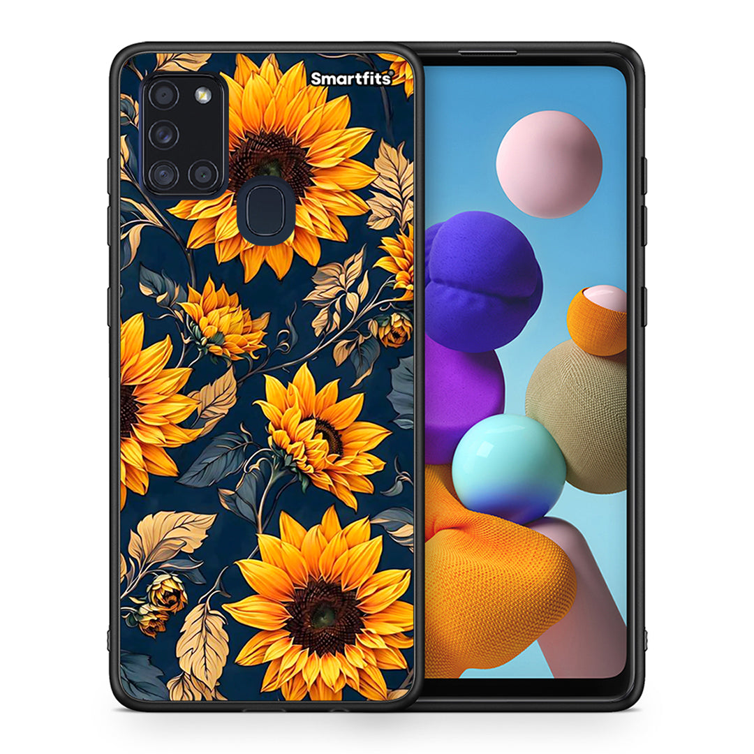 Θήκη Samsung A21s Autumn Sunflowers από τη Smartfits με σχέδιο στο πίσω μέρος και μαύρο περίβλημα | Samsung A21s Autumn Sunflowers case with colorful back and black bezels