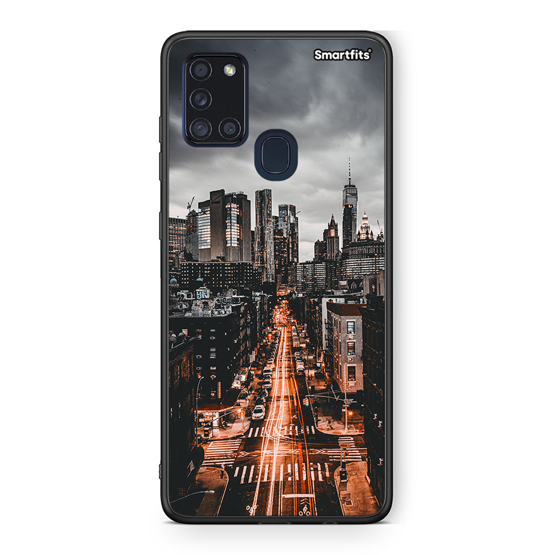 Samsung A21s City Lights θήκη από τη Smartfits με σχέδιο στο πίσω μέρος και μαύρο περίβλημα | Smartphone case with colorful back and black bezels by Smartfits