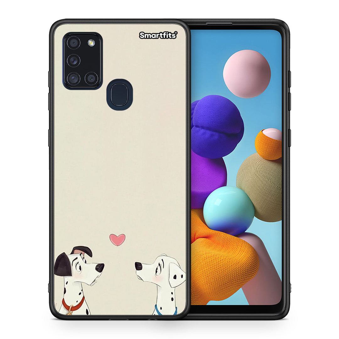Θήκη Samsung A21s Dalmatians Love από τη Smartfits με σχέδιο στο πίσω μέρος και μαύρο περίβλημα | Samsung A21s Dalmatians Love case with colorful back and black bezels