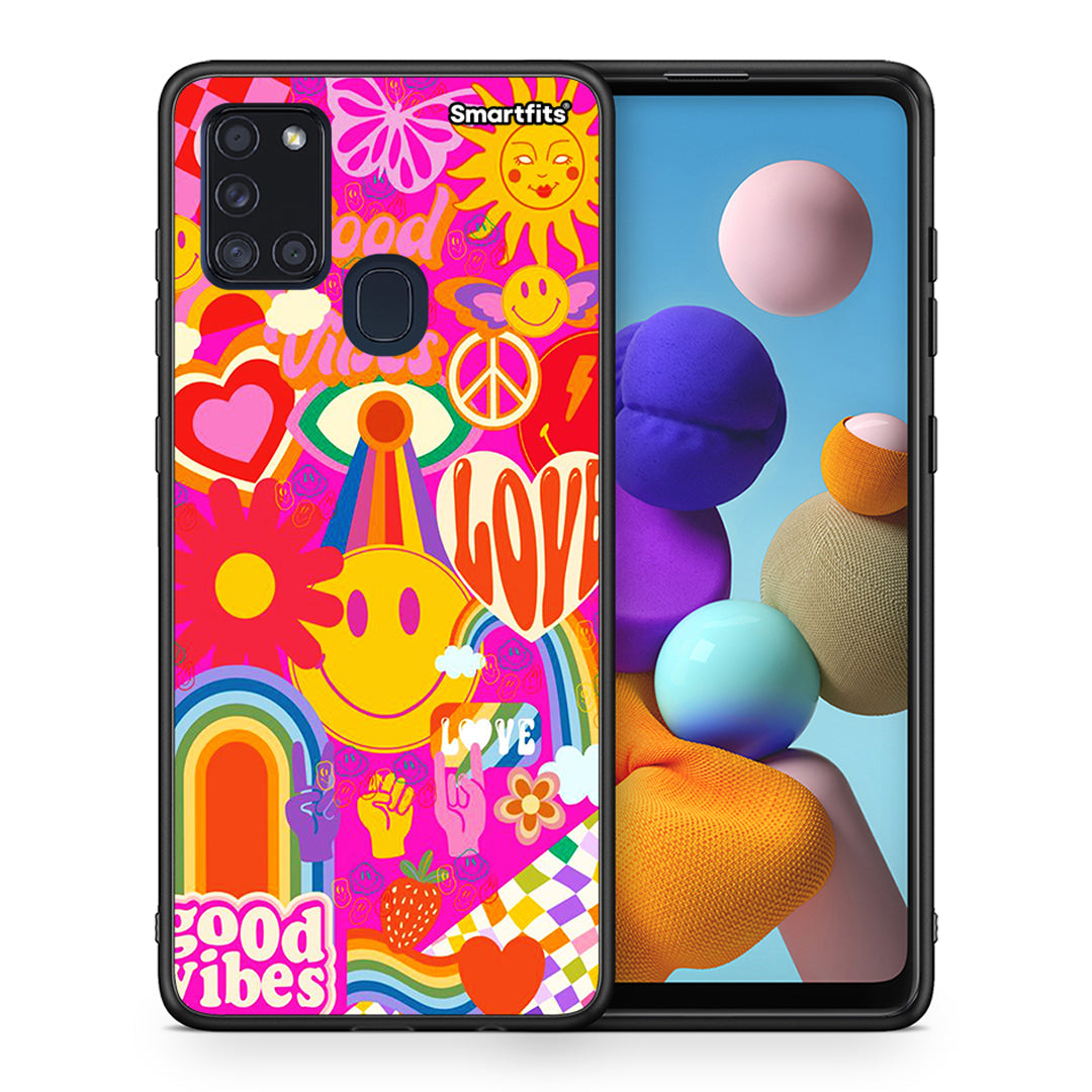 Θήκη Samsung A21s Hippie Love από τη Smartfits με σχέδιο στο πίσω μέρος και μαύρο περίβλημα | Samsung A21s Hippie Love case with colorful back and black bezels