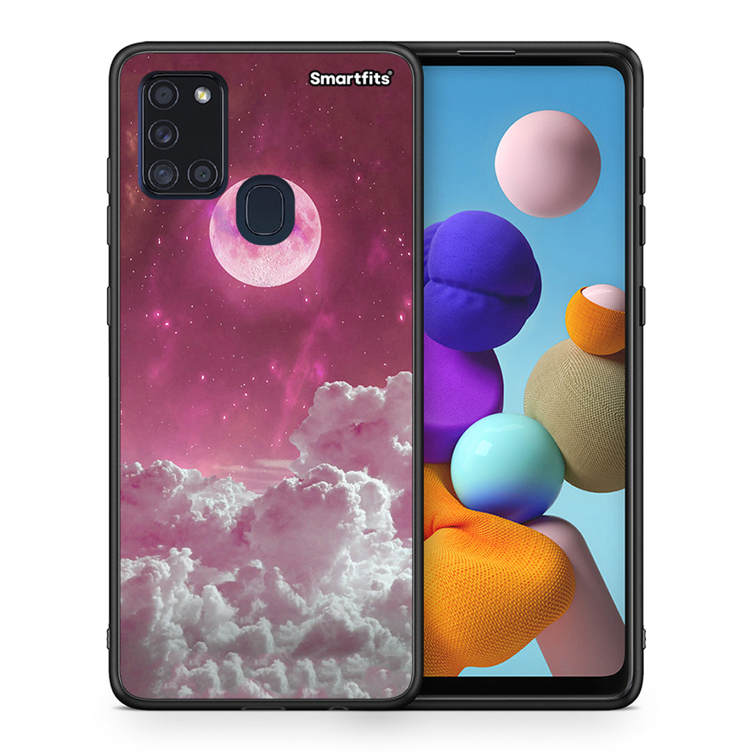 Θήκη Samsung A21s Pink Moon από τη Smartfits με σχέδιο στο πίσω μέρος και μαύρο περίβλημα | Samsung A21s Pink Moon case with colorful back and black bezels