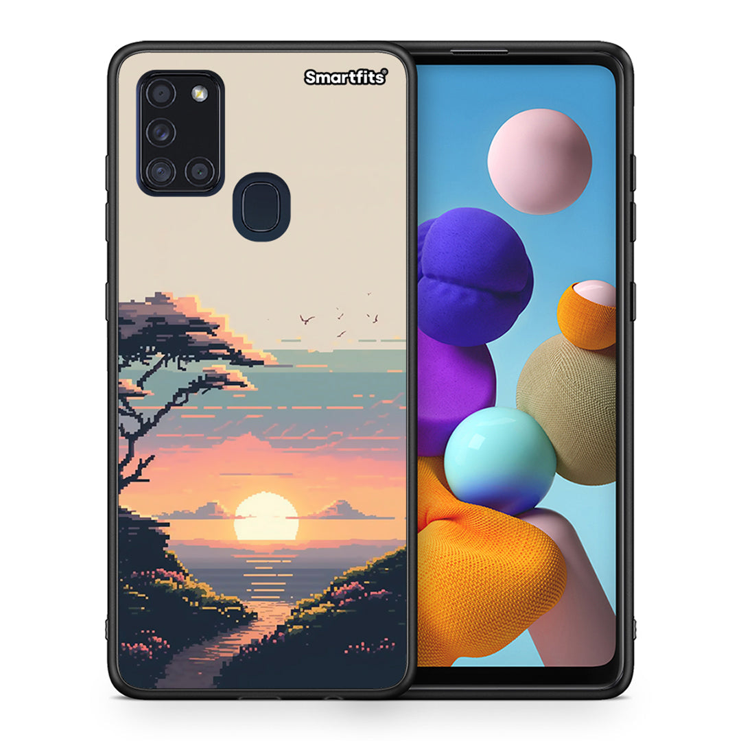 Θήκη Samsung A21s Pixel Sunset από τη Smartfits με σχέδιο στο πίσω μέρος και μαύρο περίβλημα | Samsung A21s Pixel Sunset case with colorful back and black bezels