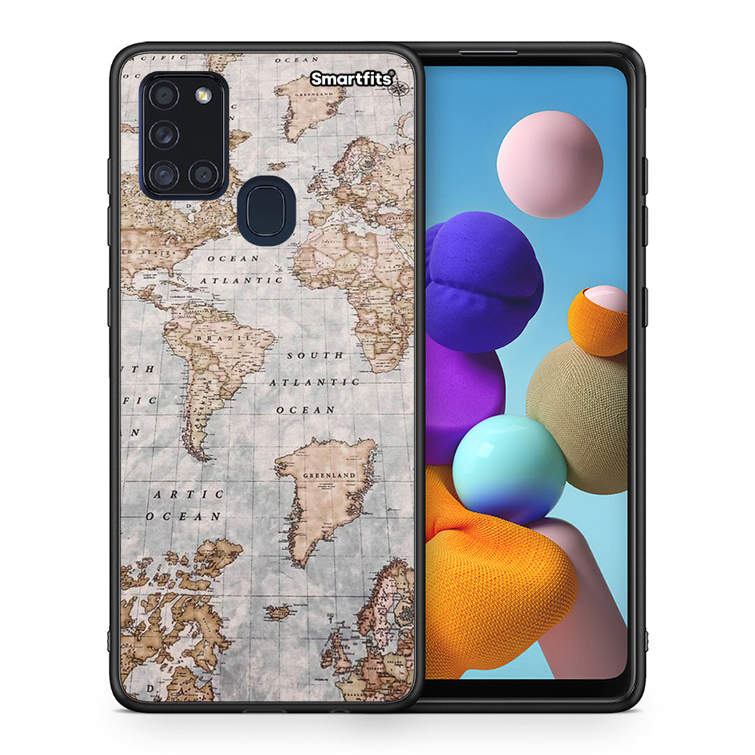 Θήκη Samsung A21s World Map από τη Smartfits με σχέδιο στο πίσω μέρος και μαύρο περίβλημα | Samsung A21s World Map case with colorful back and black bezels