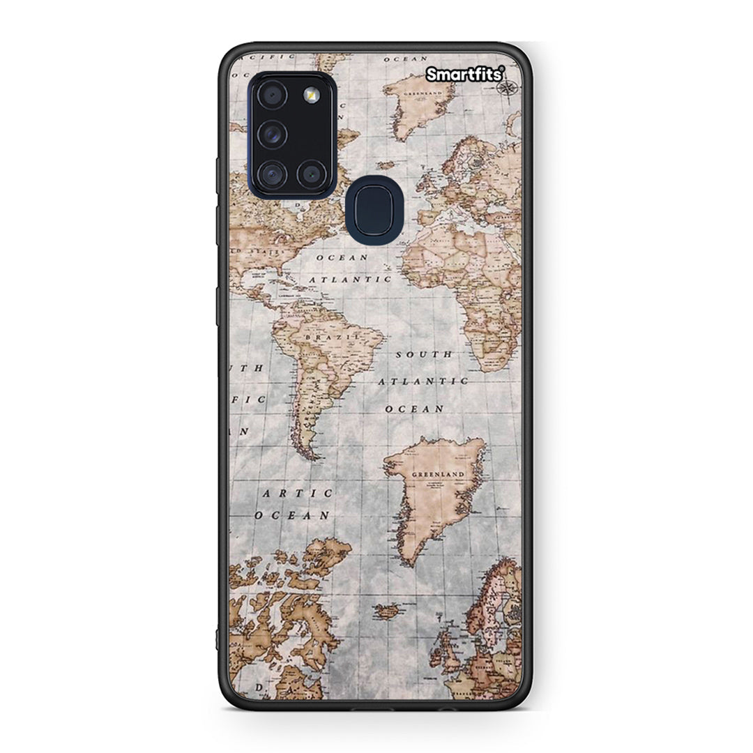Samsung A21s World Map Θήκη από τη Smartfits με σχέδιο στο πίσω μέρος και μαύρο περίβλημα | Smartphone case with colorful back and black bezels by Smartfits