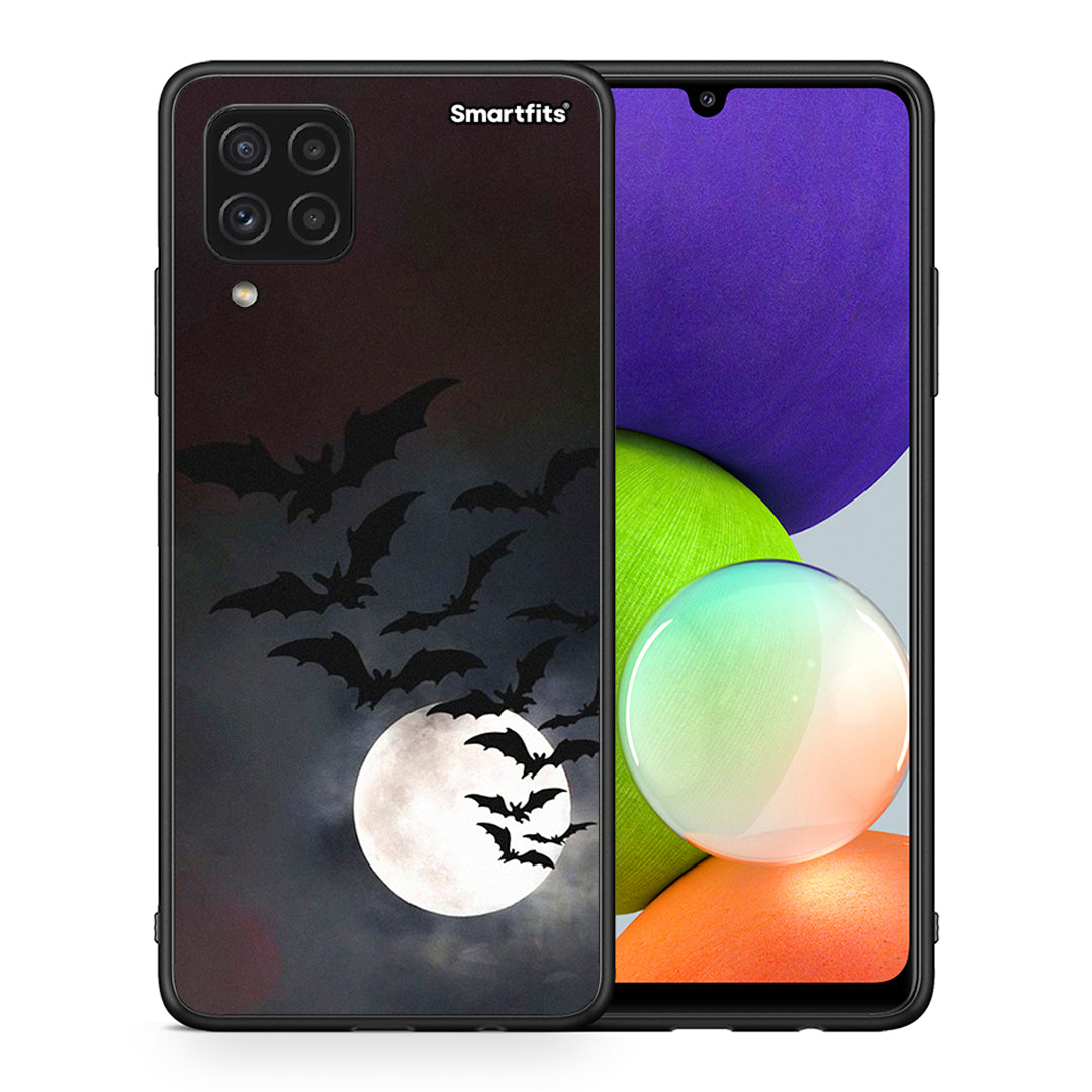 Θήκη Samsung A22 4G Halloween Bat Night από τη Smartfits με σχέδιο στο πίσω μέρος και μαύρο περίβλημα | Samsung A22 4G Halloween Bat Night case with colorful back and black bezels