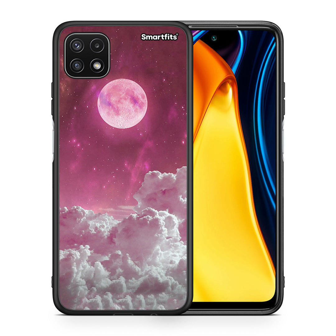 Θήκη Samsung A22 5G Pink Moon από τη Smartfits με σχέδιο στο πίσω μέρος και μαύρο περίβλημα | Samsung A22 5G Pink Moon case with colorful back and black bezels