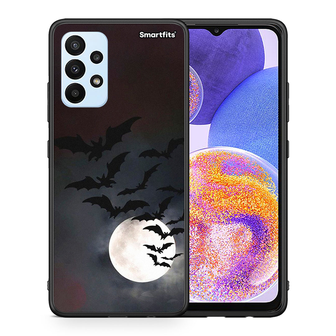 Θήκη Samsung A23 Halloween Bat Night από τη Smartfits με σχέδιο στο πίσω μέρος και μαύρο περίβλημα | Samsung A23 Halloween Bat Night case with colorful back and black bezels