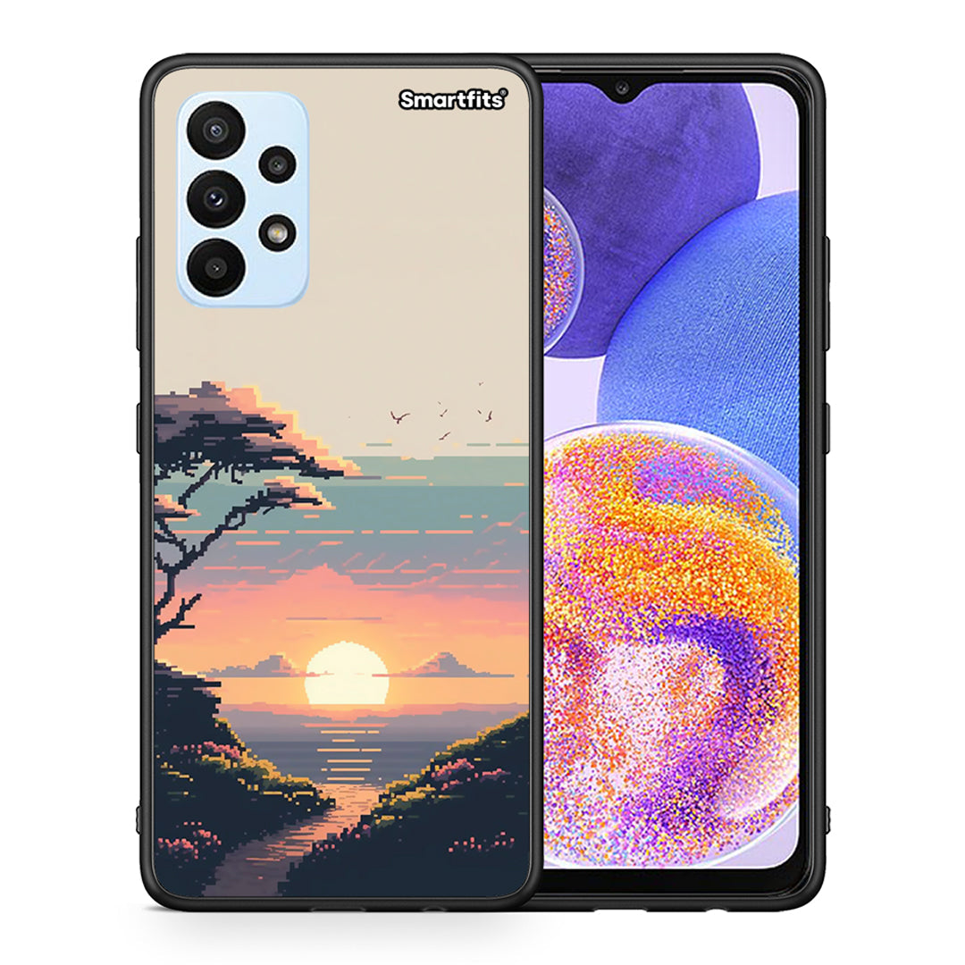 Θήκη Samsung A23 Pixel Sunset από τη Smartfits με σχέδιο στο πίσω μέρος και μαύρο περίβλημα | Samsung A23 Pixel Sunset case with colorful back and black bezels