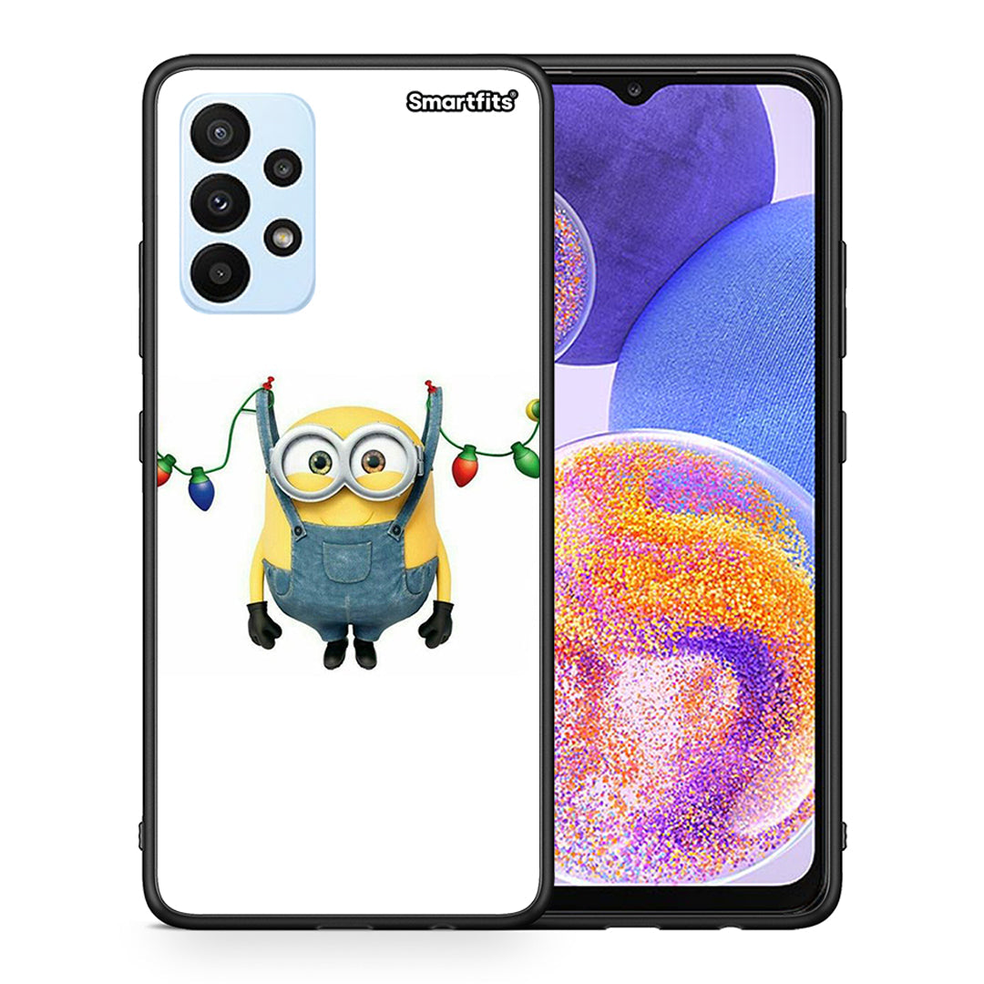 Θήκη Samsung A23 Xmas Minion Lights από τη Smartfits με σχέδιο στο πίσω μέρος και μαύρο περίβλημα | Samsung A23 Xmas Minion Lights case with colorful back and black bezels