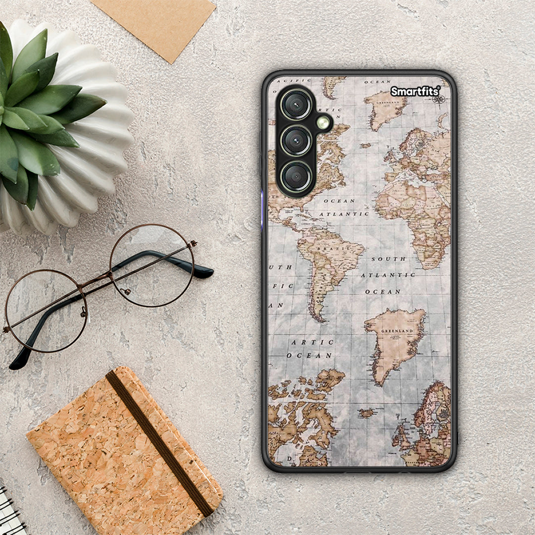 Θήκη Samsung Galaxy A24 4G World Map από τη Smartfits με σχέδιο στο πίσω μέρος και μαύρο περίβλημα | Samsung Galaxy A24 4G World Map Case with Colorful Back and Black Bezels