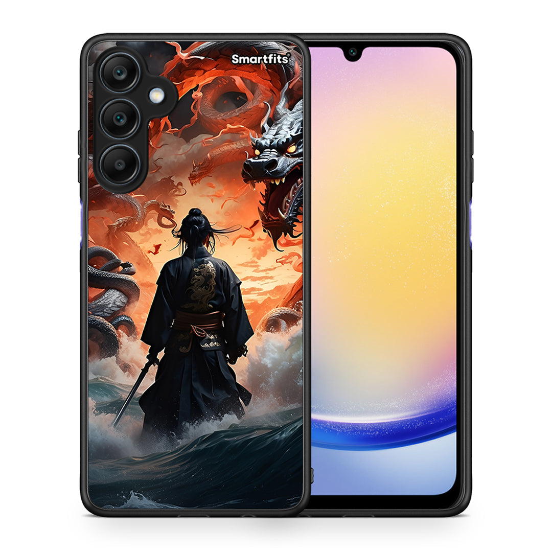 Θήκη Samsung Galaxy A25 5G Dragons Fight από τη Smartfits με σχέδιο στο πίσω μέρος και μαύρο περίβλημα | Samsung Galaxy A25 5G Dragons Fight case with colorful back and black bezels