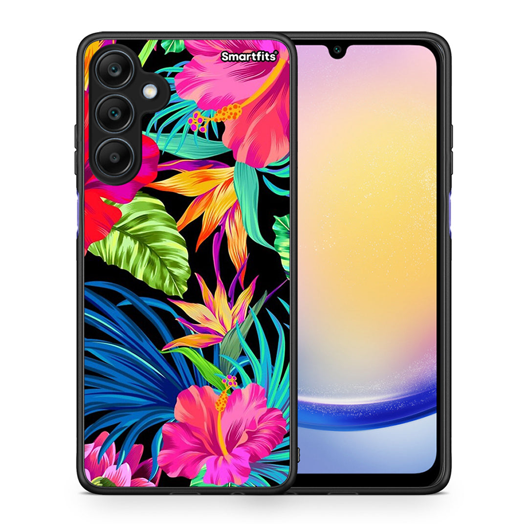 Θήκη Samsung Galaxy A25 5G Tropical Flowers από τη Smartfits με σχέδιο στο πίσω μέρος και μαύρο περίβλημα | Samsung Galaxy A25 5G Tropical Flowers case with colorful back and black bezels