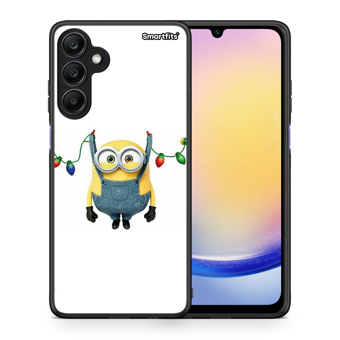 Θήκη Samsung Galaxy A25 5G Xmas Minion Lights από τη Smartfits με σχέδιο στο πίσω μέρος και μαύρο περίβλημα | Samsung Galaxy A25 5G Xmas Minion Lights case with colorful back and black bezels