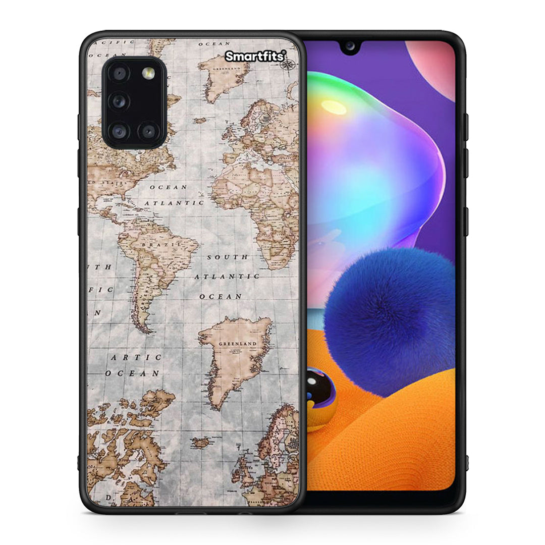 Θήκη Samsung Galaxy A31 World Map από τη Smartfits με σχέδιο στο πίσω μέρος και μαύρο περίβλημα | Samsung Galaxy A31 World Map case with colorful back and black bezels