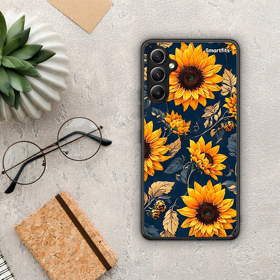 Θήκη Samsung Galaxy A34 Autumn Sunflowers από τη Smartfits με σχέδιο στο πίσω μέρος και μαύρο περίβλημα | Samsung Galaxy A34 Autumn Sunflowers Case with Colorful Back and Black Bezels