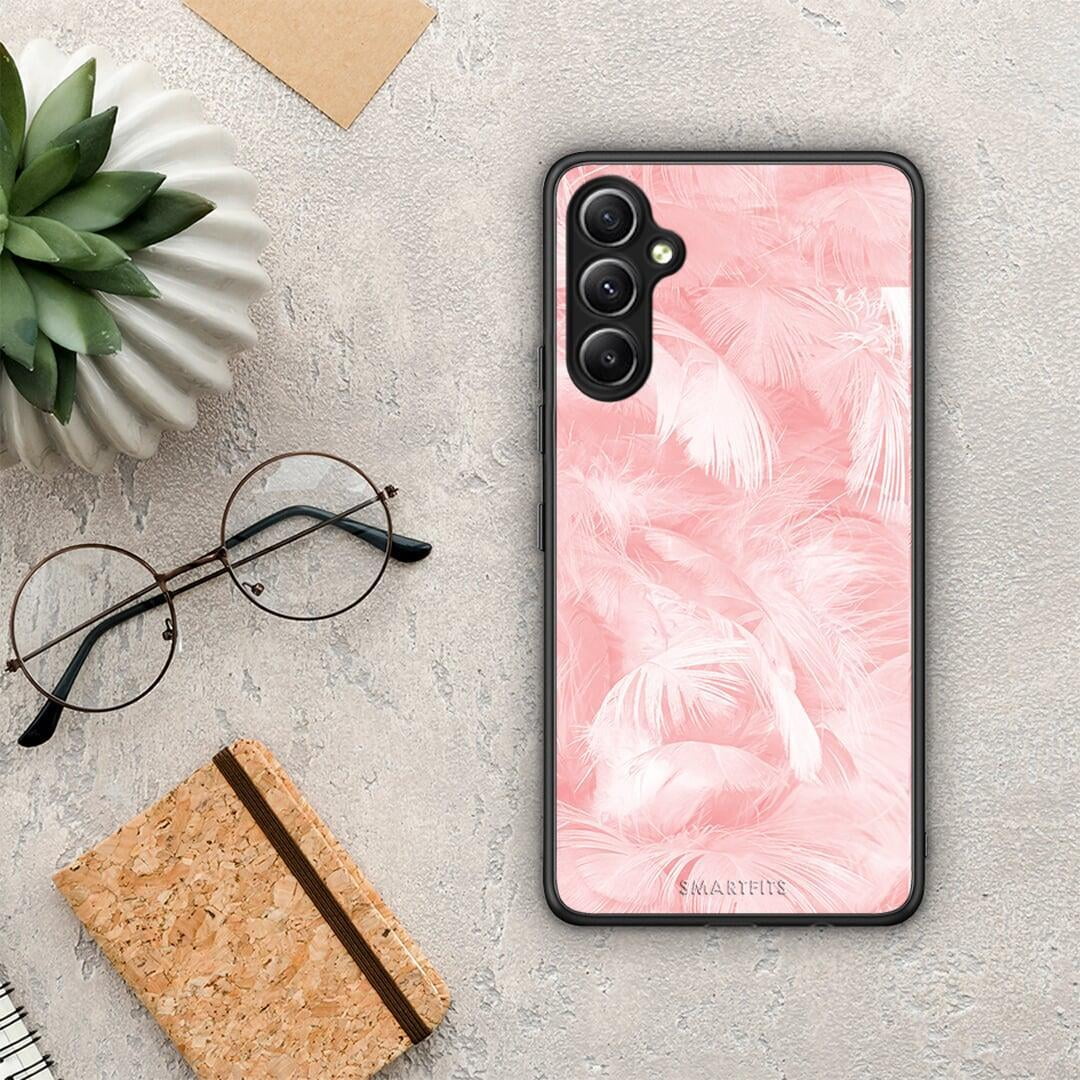 Θήκη Samsung Galaxy A34 Boho Pink Feather από τη Smartfits με σχέδιο στο πίσω μέρος και μαύρο περίβλημα | Samsung Galaxy A34 Boho Pink Feather Case with Colorful Back and Black Bezels