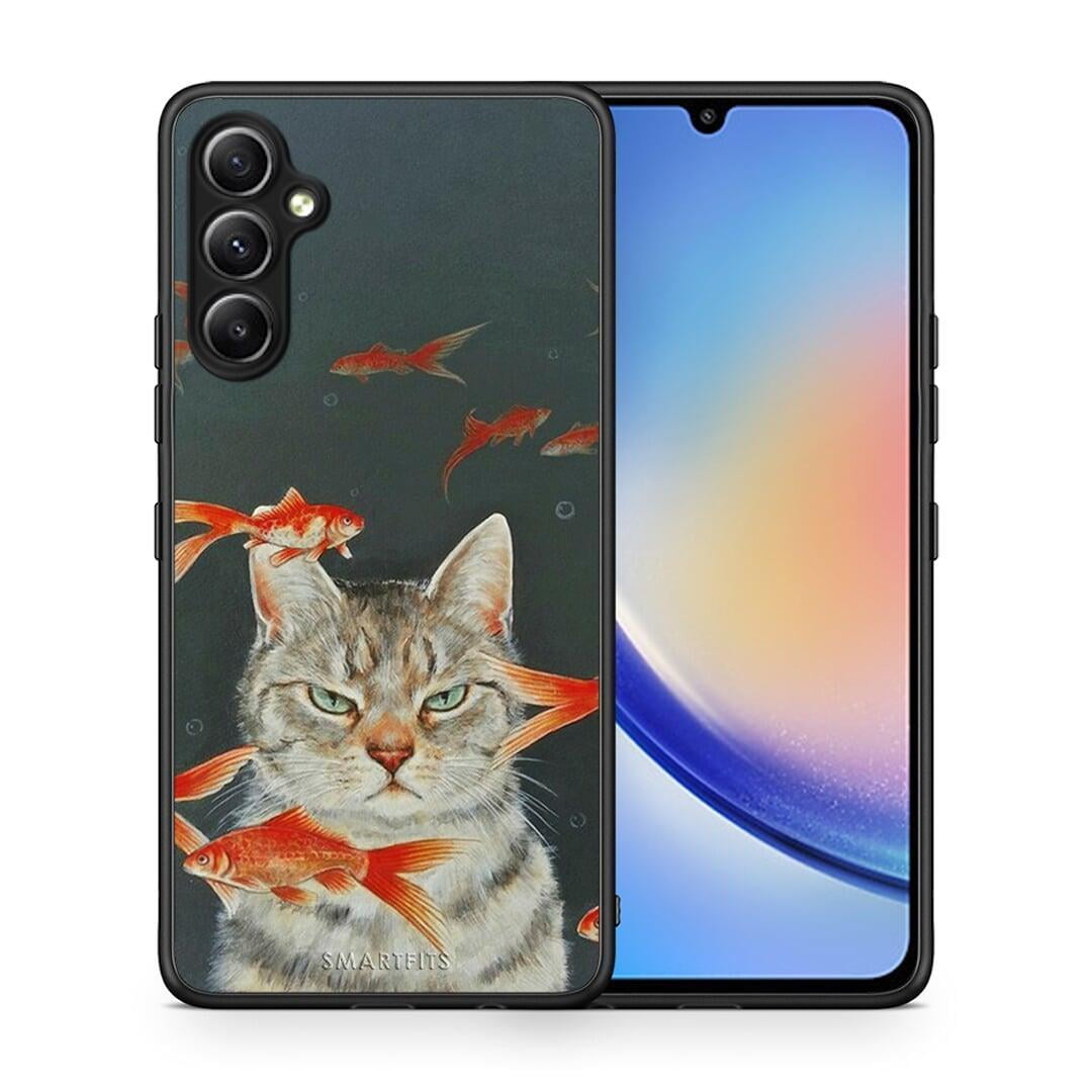 Θήκη Samsung Galaxy A34 Cat Goldfish από τη Smartfits με σχέδιο στο πίσω μέρος και μαύρο περίβλημα | Samsung Galaxy A34 Cat Goldfish Case with Colorful Back and Black Bezels