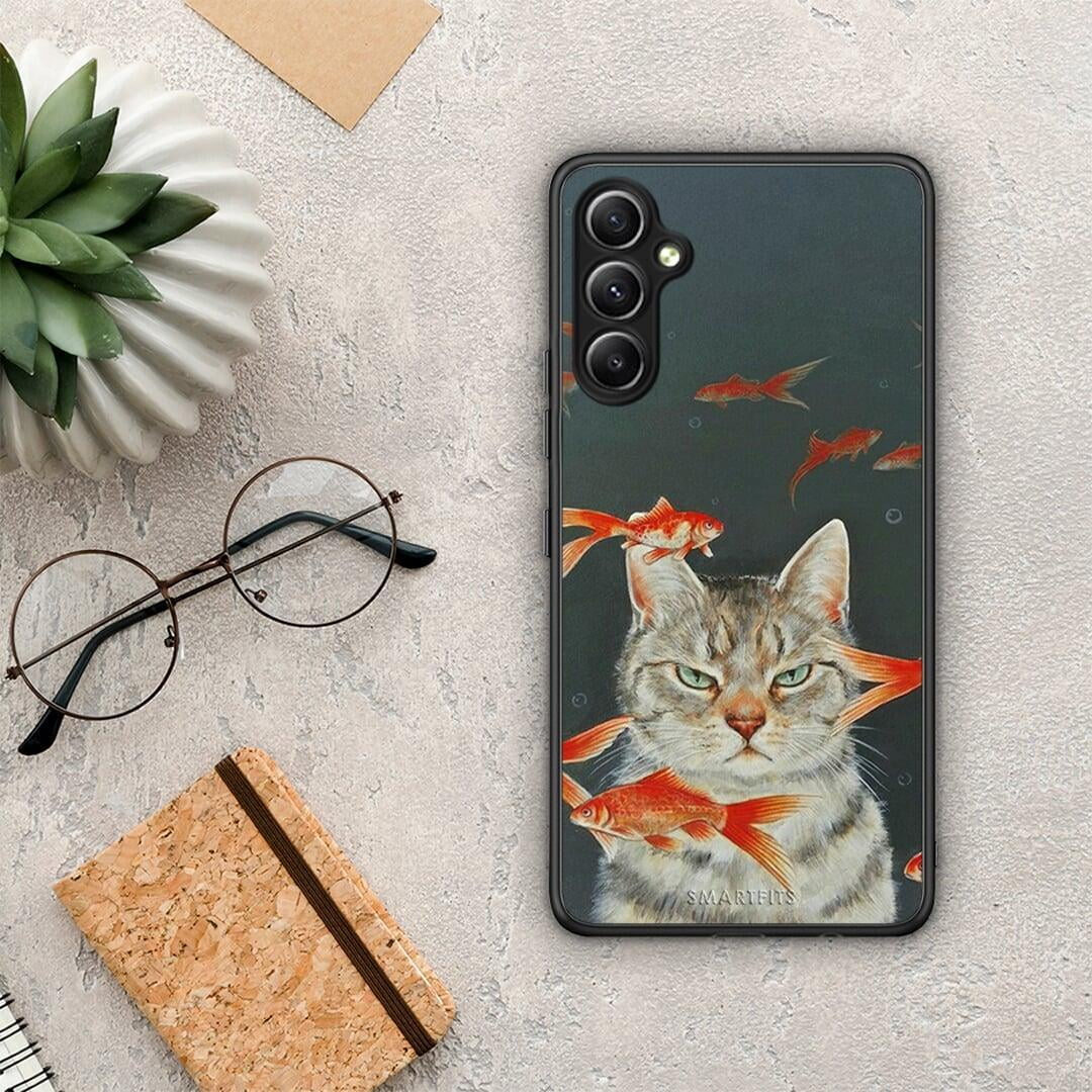 Θήκη Samsung Galaxy A34 Cat Goldfish από τη Smartfits με σχέδιο στο πίσω μέρος και μαύρο περίβλημα | Samsung Galaxy A34 Cat Goldfish Case with Colorful Back and Black Bezels