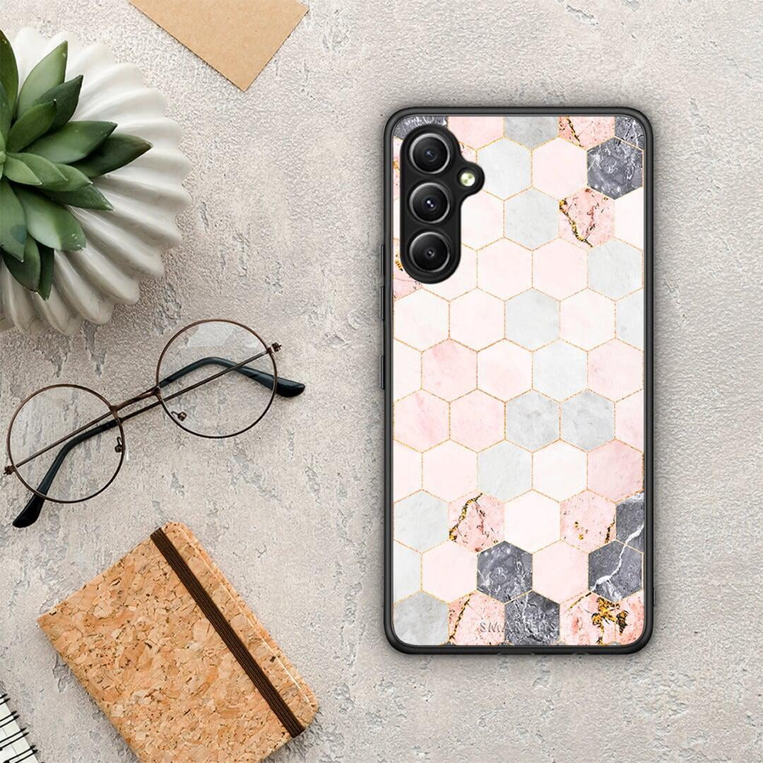 Θήκη Samsung Galaxy A34 Marble Hexagon Pink από τη Smartfits με σχέδιο στο πίσω μέρος και μαύρο περίβλημα | Samsung Galaxy A34 Marble Hexagon Pink Case with Colorful Back and Black Bezels