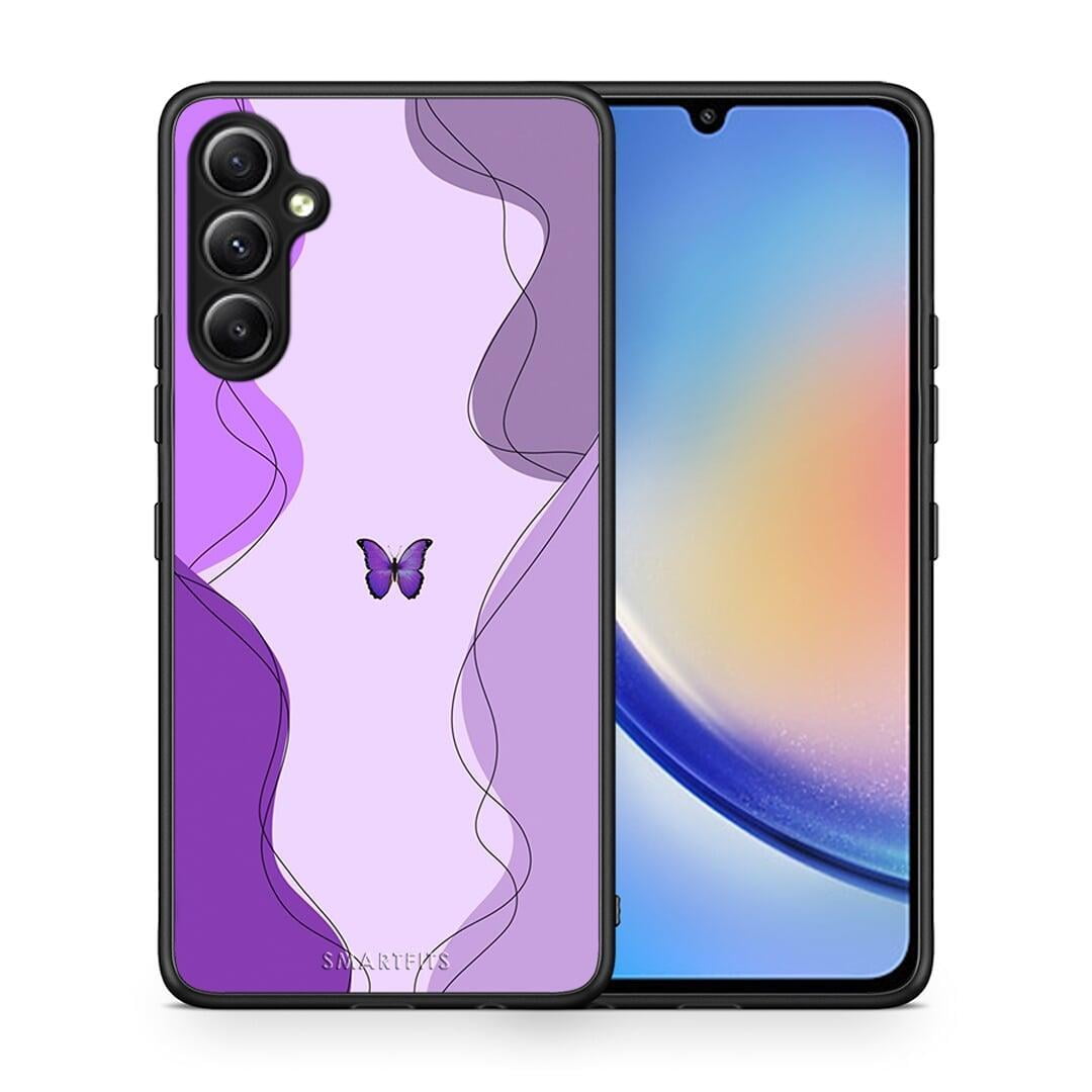 Θήκη Samsung Galaxy A34 Purple Mariposa από τη Smartfits με σχέδιο στο πίσω μέρος και μαύρο περίβλημα | Samsung Galaxy A34 Purple Mariposa Case with Colorful Back and Black Bezels