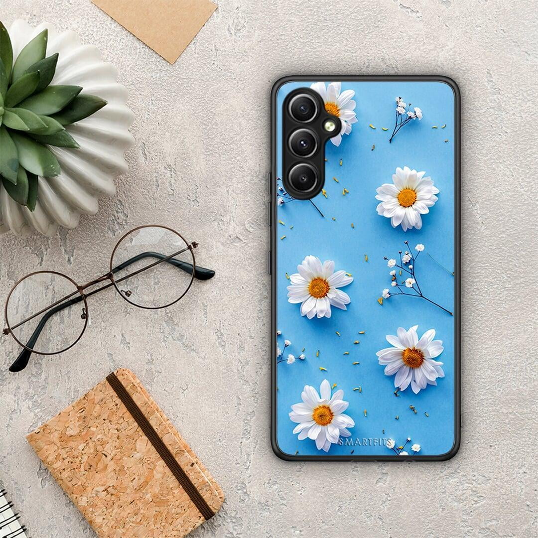 Θήκη Samsung Galaxy A34 Real Daisies από τη Smartfits με σχέδιο στο πίσω μέρος και μαύρο περίβλημα | Samsung Galaxy A34 Real Daisies Case with Colorful Back and Black Bezels