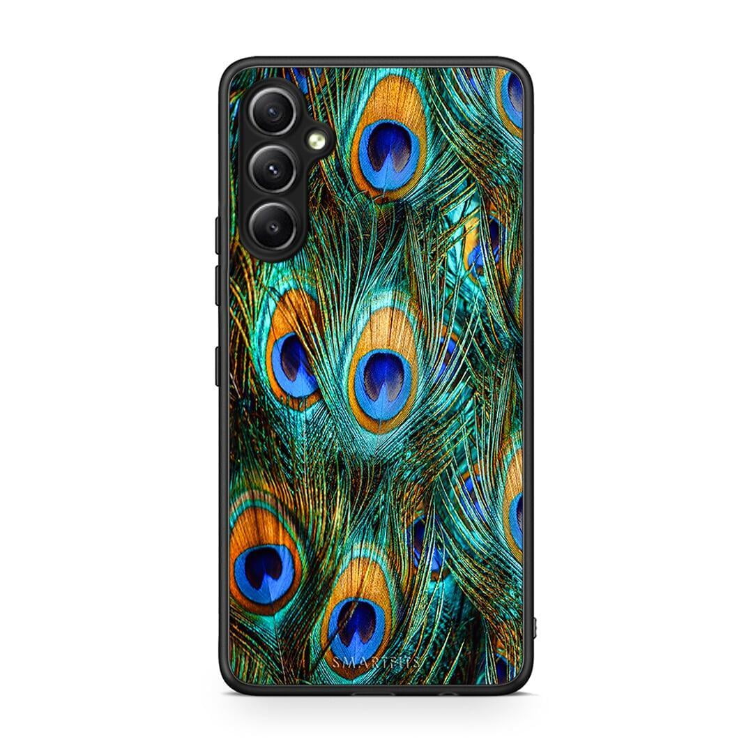 Θήκη Samsung Galaxy A34 Real Peacock Feathers από τη Smartfits με σχέδιο στο πίσω μέρος και μαύρο περίβλημα | Samsung Galaxy A34 Real Peacock Feathers Case with Colorful Back and Black Bezels