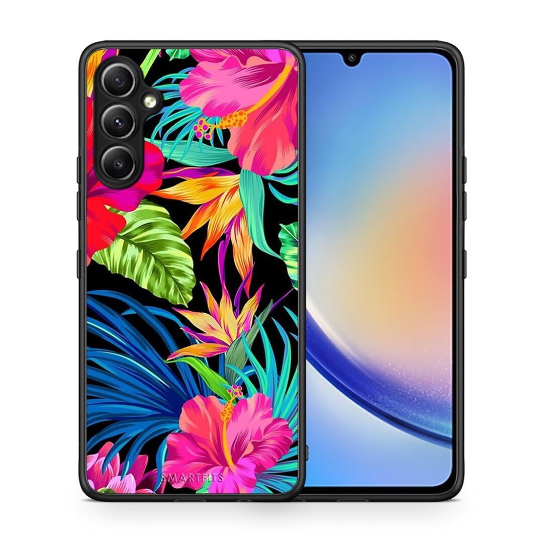 Θήκη Samsung Galaxy A34 Tropical Flowers από τη Smartfits με σχέδιο στο πίσω μέρος και μαύρο περίβλημα | Samsung Galaxy A34 Tropical Flowers Case with Colorful Back and Black Bezels