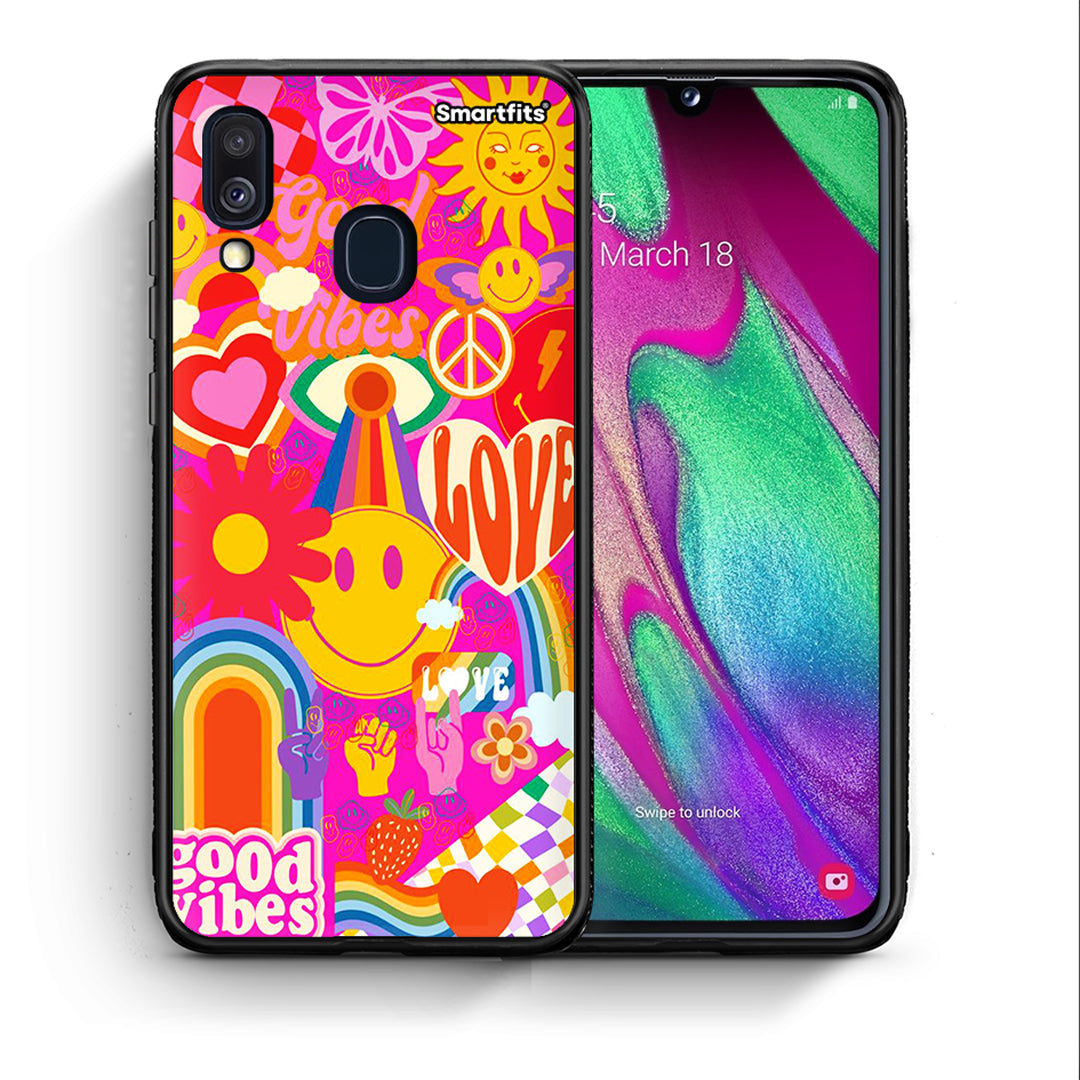 Θήκη Samsung A40 Hippie Love από τη Smartfits με σχέδιο στο πίσω μέρος και μαύρο περίβλημα | Samsung A40 Hippie Love case with colorful back and black bezels
