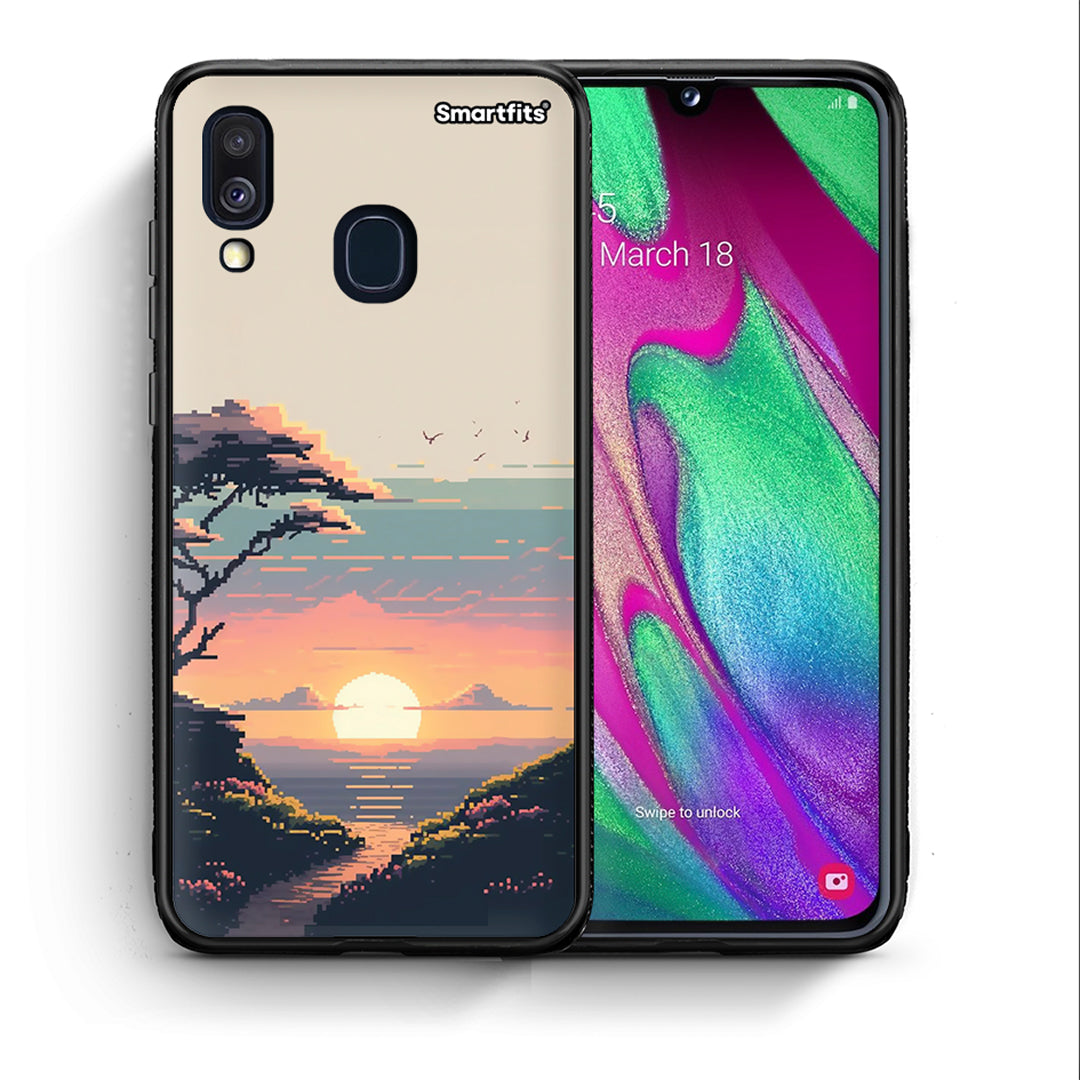 Θήκη Samsung A40 Pixel Sunset από τη Smartfits με σχέδιο στο πίσω μέρος και μαύρο περίβλημα | Samsung A40 Pixel Sunset case with colorful back and black bezels