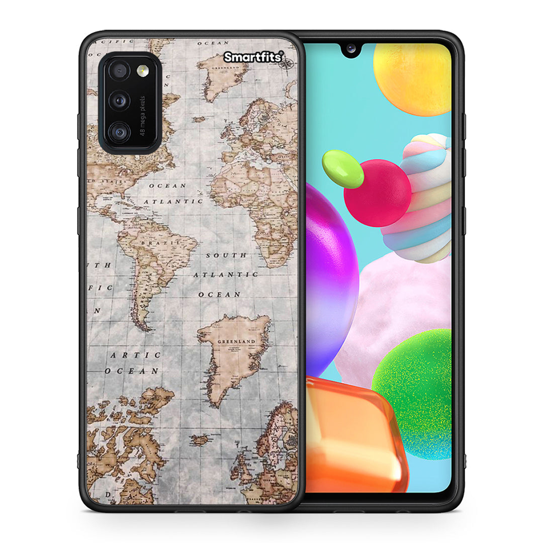 Θήκη Samsung A41 World Map από τη Smartfits με σχέδιο στο πίσω μέρος και μαύρο περίβλημα | Samsung A41 World Map case with colorful back and black bezels