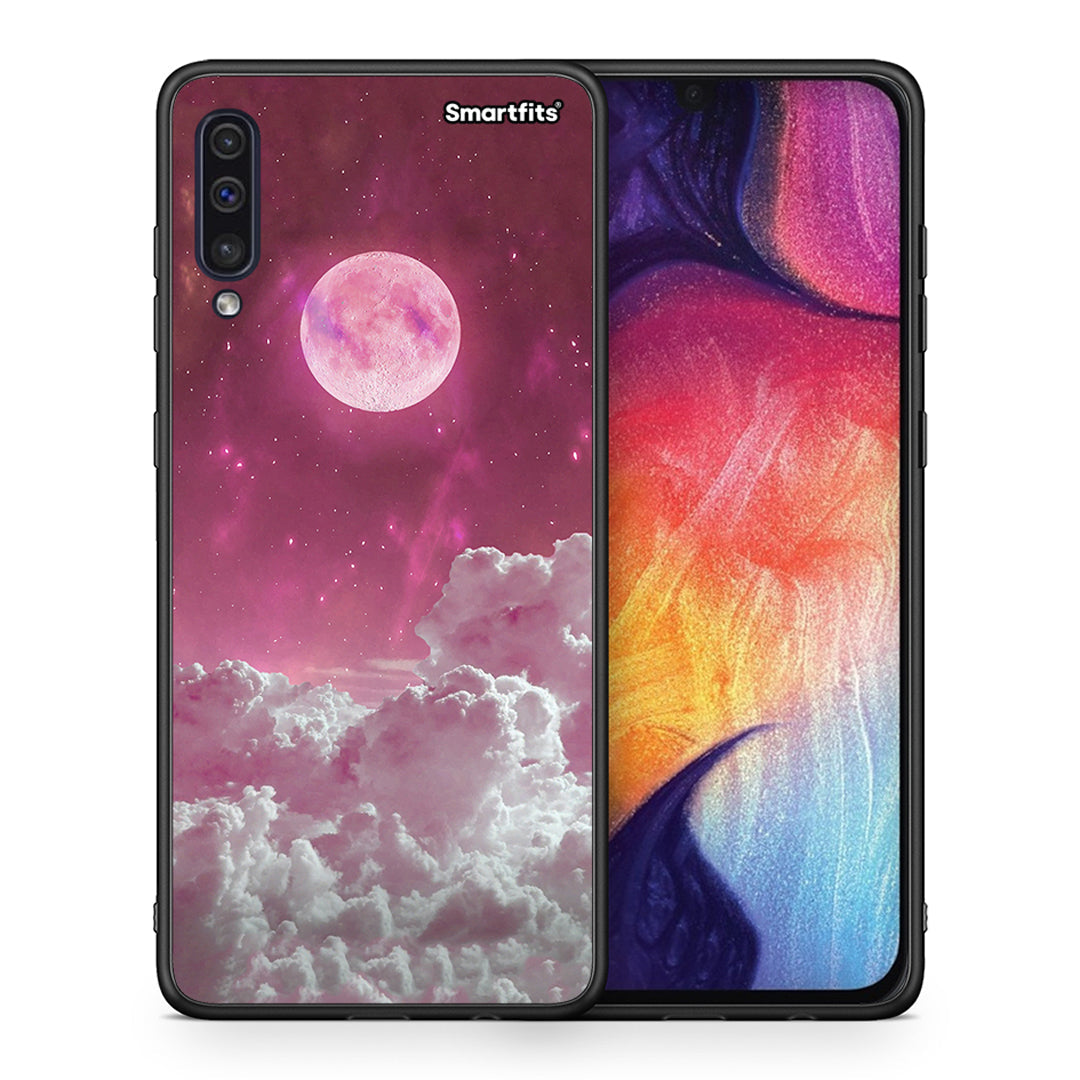 Θήκη Samsung A50 / A30s Pink Moon από τη Smartfits με σχέδιο στο πίσω μέρος και μαύρο περίβλημα | Samsung A50 / A30s Pink Moon case with colorful back and black bezels