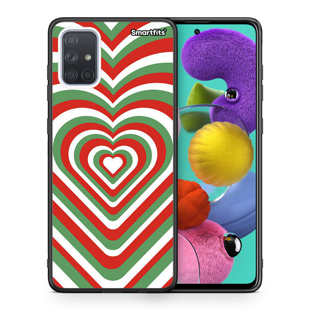 Θήκη Samsung A51 Christmas Hearts από τη Smartfits με σχέδιο στο πίσω μέρος και μαύρο περίβλημα | Samsung A51 Christmas Hearts case with colorful back and black bezels