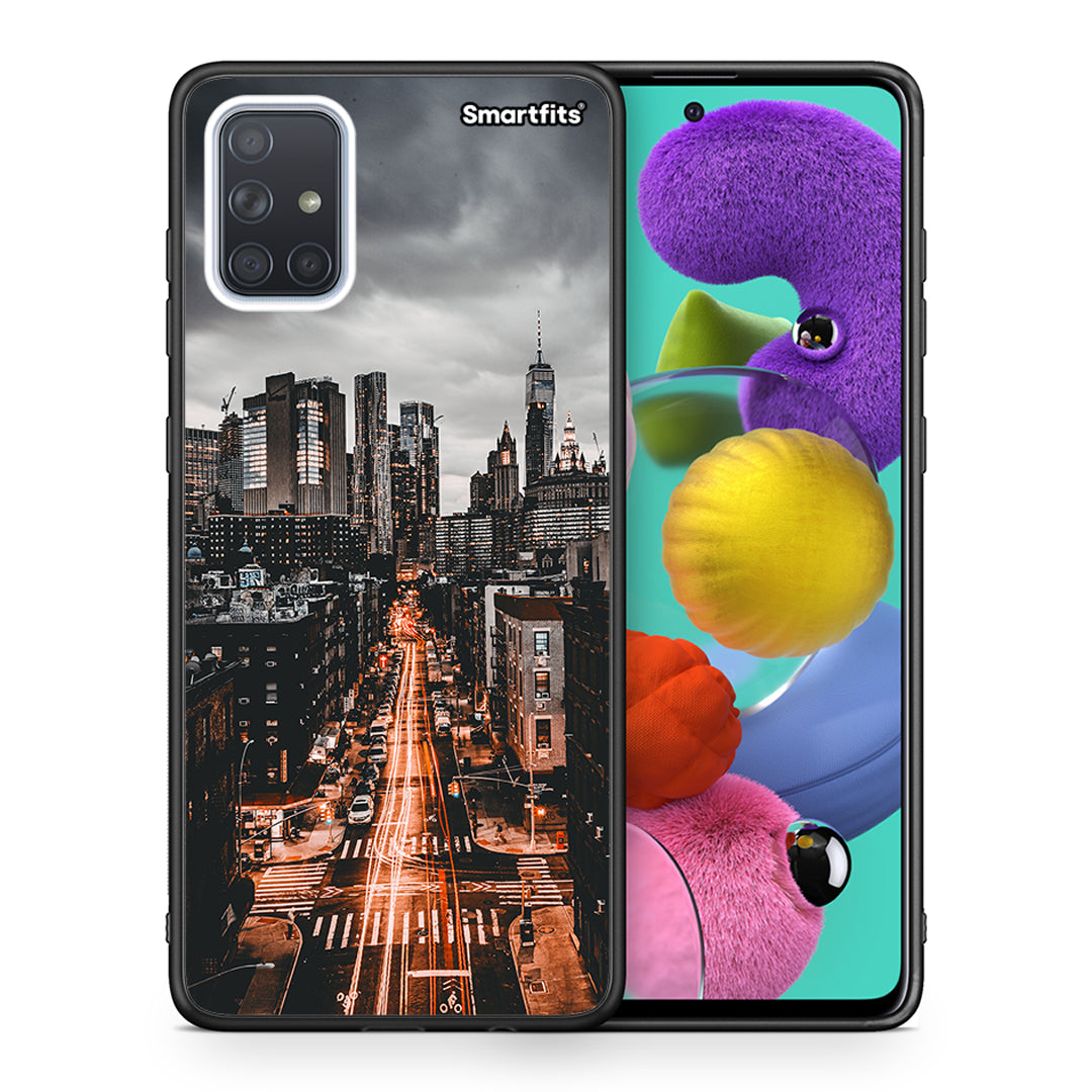 Θήκη Samsung A51 City Lights από τη Smartfits με σχέδιο στο πίσω μέρος και μαύρο περίβλημα | Samsung A51 City Lights case with colorful back and black bezels