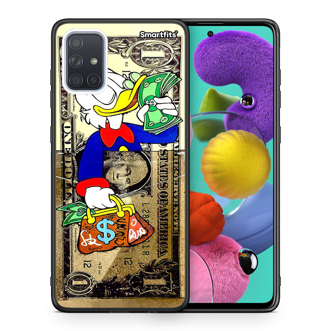 Θήκη Samsung A51 Duck Money από τη Smartfits με σχέδιο στο πίσω μέρος και μαύρο περίβλημα | Samsung A51 Duck Money case with colorful back and black bezels