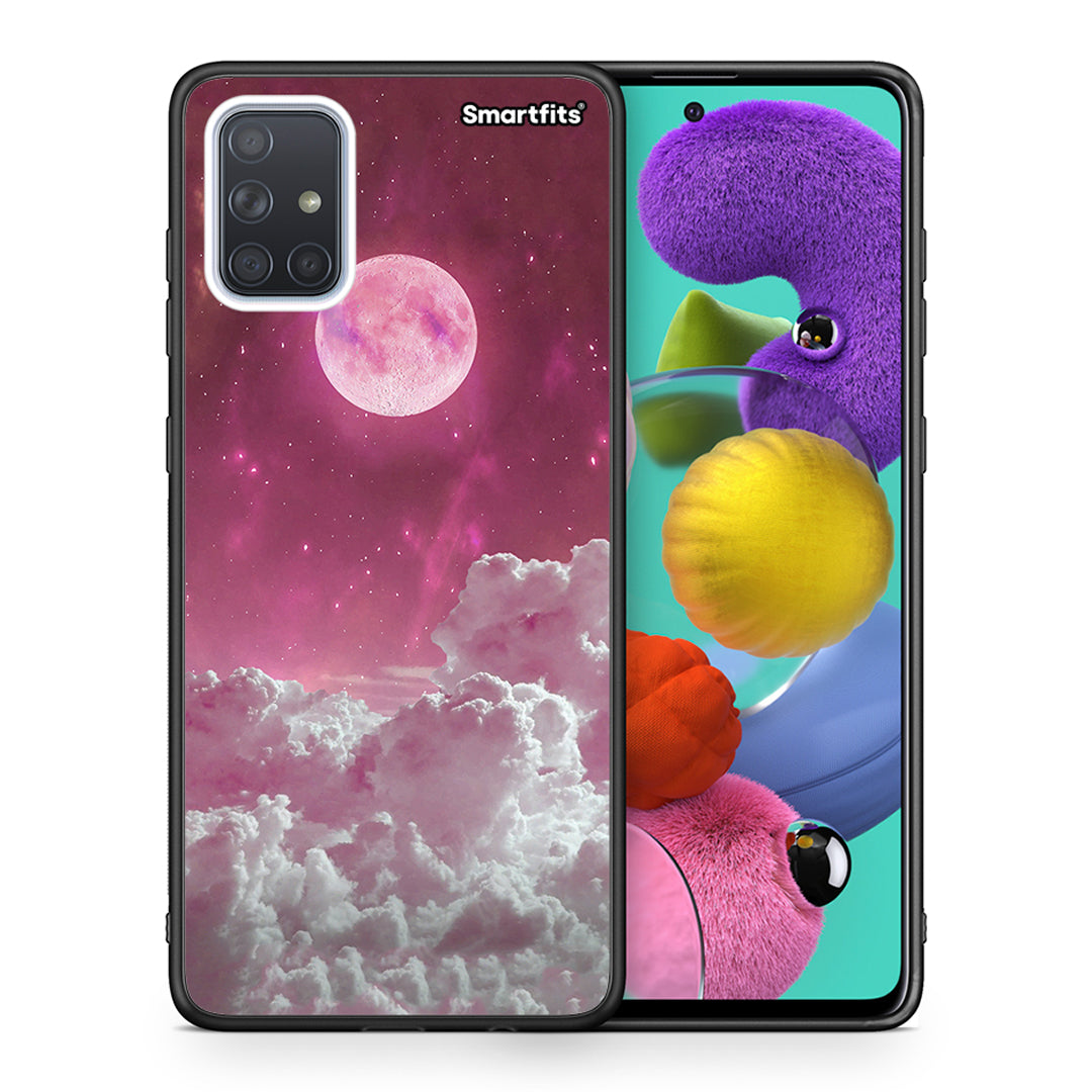 Θήκη Samsung A51 Pink Moon από τη Smartfits με σχέδιο στο πίσω μέρος και μαύρο περίβλημα | Samsung A51 Pink Moon case with colorful back and black bezels