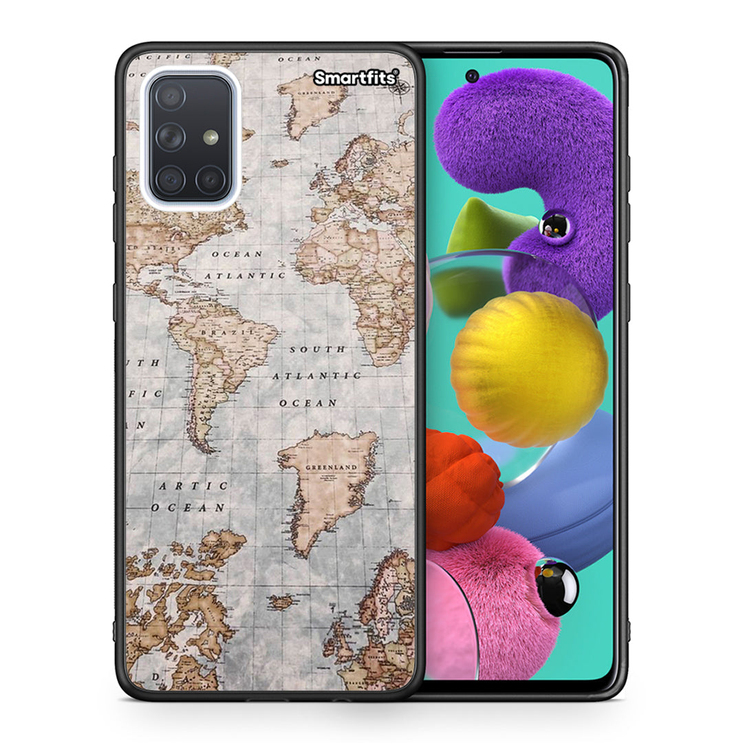 Θήκη Samsung A51 World Map από τη Smartfits με σχέδιο στο πίσω μέρος και μαύρο περίβλημα | Samsung A51 World Map case with colorful back and black bezels