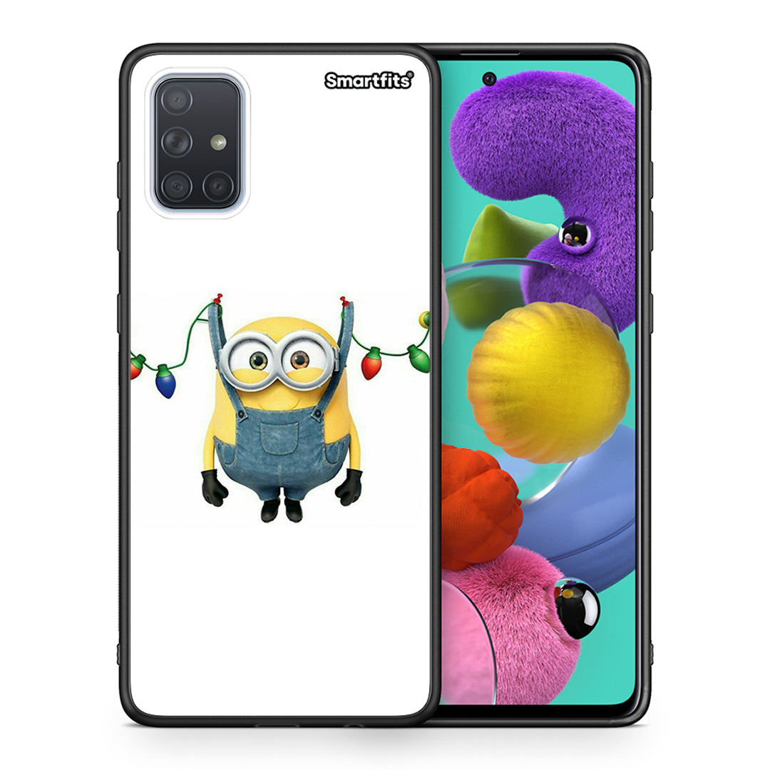 Θήκη Samsung A51 Xmas Minion Lights από τη Smartfits με σχέδιο στο πίσω μέρος και μαύρο περίβλημα | Samsung A51 Xmas Minion Lights case with colorful back and black bezels