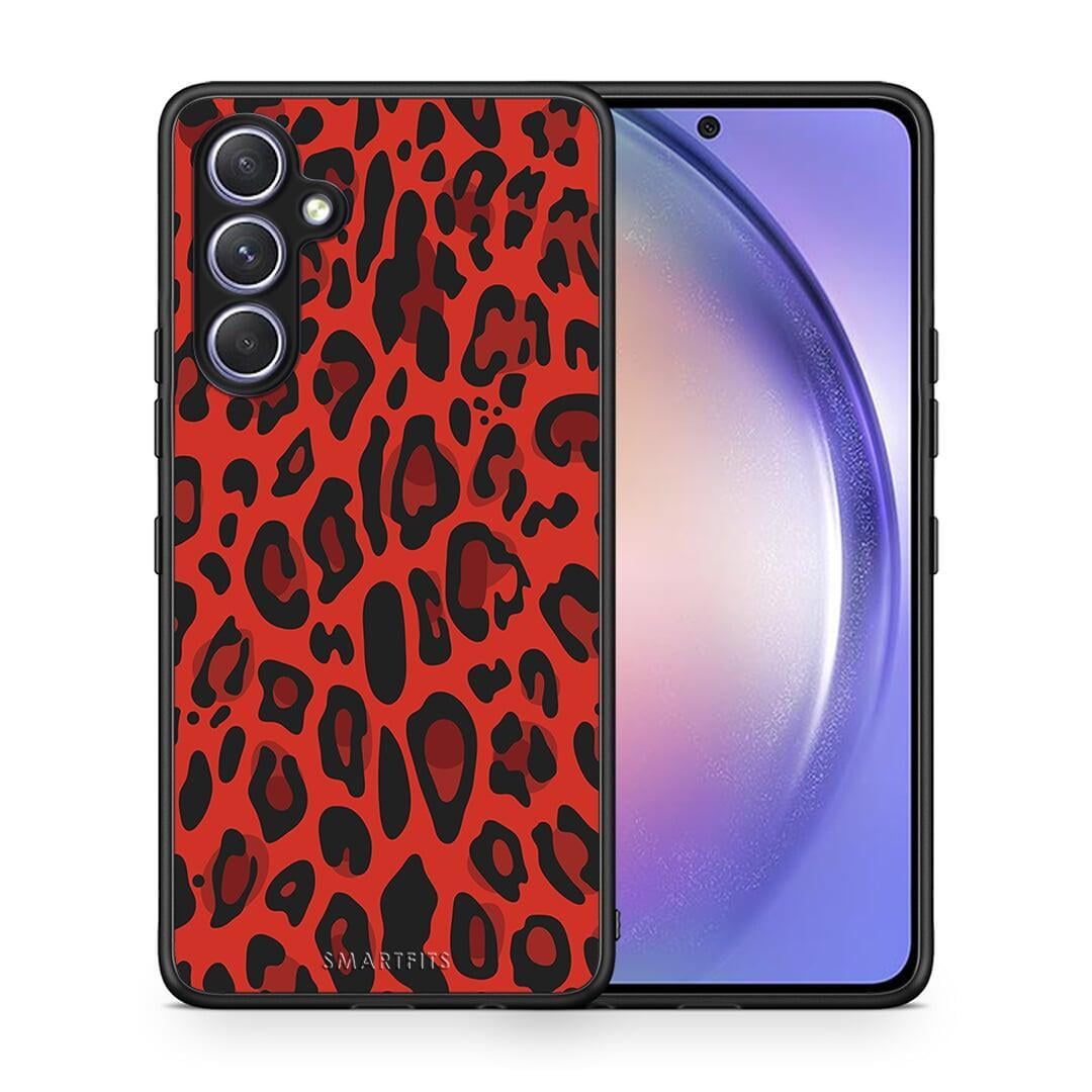 Θήκη Samsung Galaxy A54 Animal Red Leopard από τη Smartfits με σχέδιο στο πίσω μέρος και μαύρο περίβλημα | Samsung Galaxy A54 Animal Red Leopard Case with Colorful Back and Black Bezels