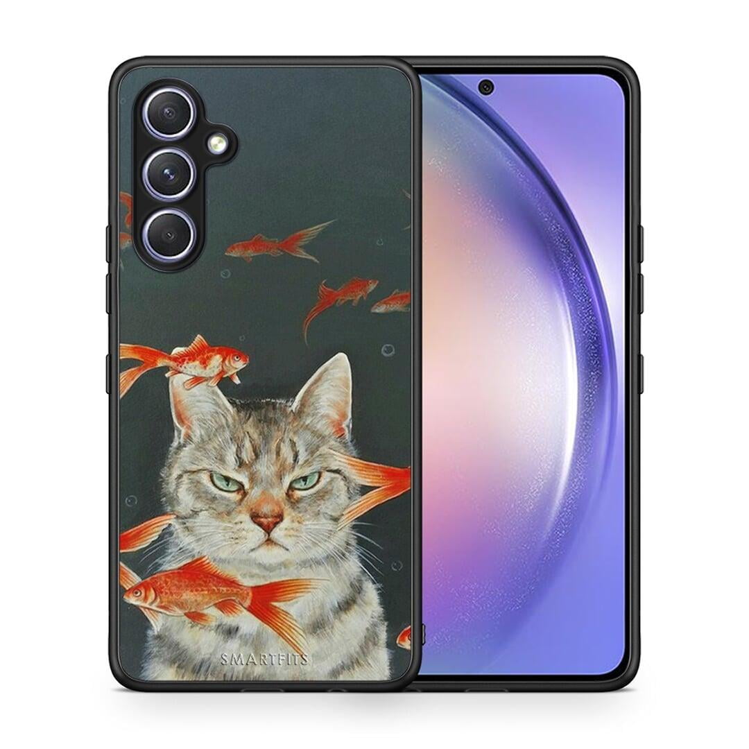 Θήκη Samsung Galaxy A54 Cat Goldfish από τη Smartfits με σχέδιο στο πίσω μέρος και μαύρο περίβλημα | Samsung Galaxy A54 Cat Goldfish Case with Colorful Back and Black Bezels
